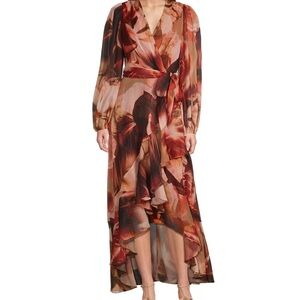 New Alex Marie Diana Chiffon Blouson Sleeve Hi-Low Flounce Wrap Maxi Dress Sz 10